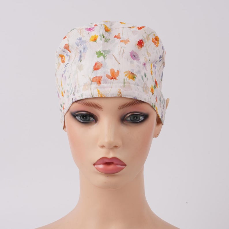 Watercolor Wildflowers Ponytail Scrub Cap, Surgical Hat with Buttons & Sweat Band, Women OR Hat, Autumn Scrub Cap