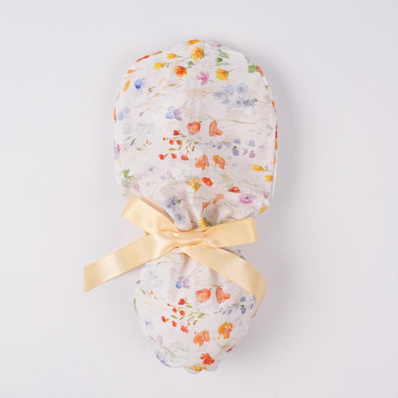 Watercolor Wildflowers Ponytail Scrub Cap, Surgical Hat with Buttons & Sweat Band, Women OR Hat, Autumn Scrub Cap