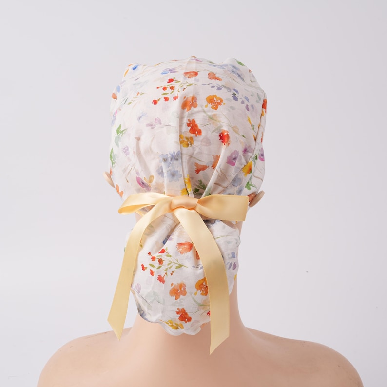 Watercolor Wildflowers Ponytail Scrub Cap, Surgical Hat with Buttons & Sweat Band, Women OR Hat, Autumn Scrub Cap