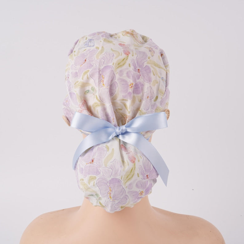 Watercolor Flower Bufferflies Ponytail Scrub Cap Sweatband & Buttons Lt.Purple Women Surgical Cap Dr Nurse Medical Hat Handmade