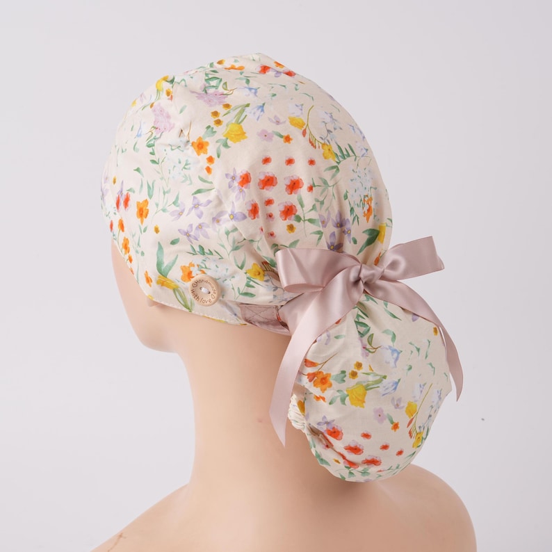 Beige Botanical Floral Surgical Hat, Women Ponytail Cap with Sweatband & Buttons, Cotton Scrub Cap, OR Hat, Multipurpose,Fall