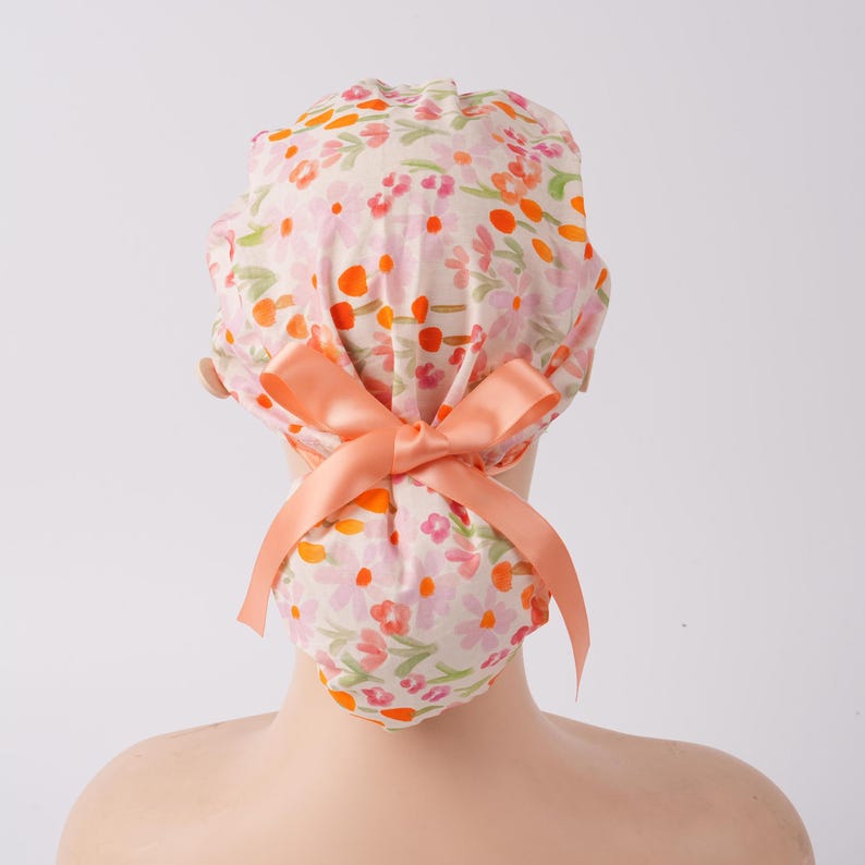 Orange Watercolor Flowers Scrub Cap Peachy Ribbon Ties Sweatband & Buttons Surgical Hat Women Ponytail Scrub Cap Brightly Fall