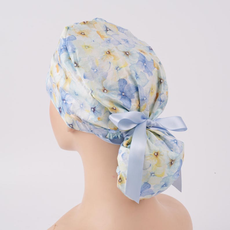 Women Ponytail Scrub Cap Yellow & Blue Pastel Floral Surgical Cap with Sweatband Buttons Dr Nurse Handmade OR Hat
