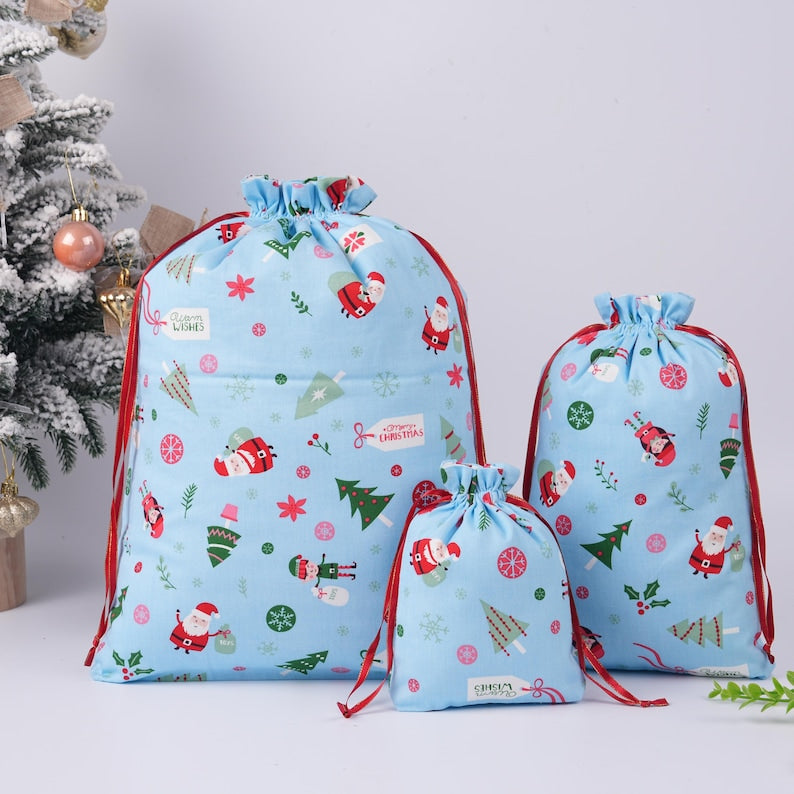 Light Blue Christmas Drawstring Gift Bag,Santa,Snow,Holly Print,Double-layer Fabric Storage Bag