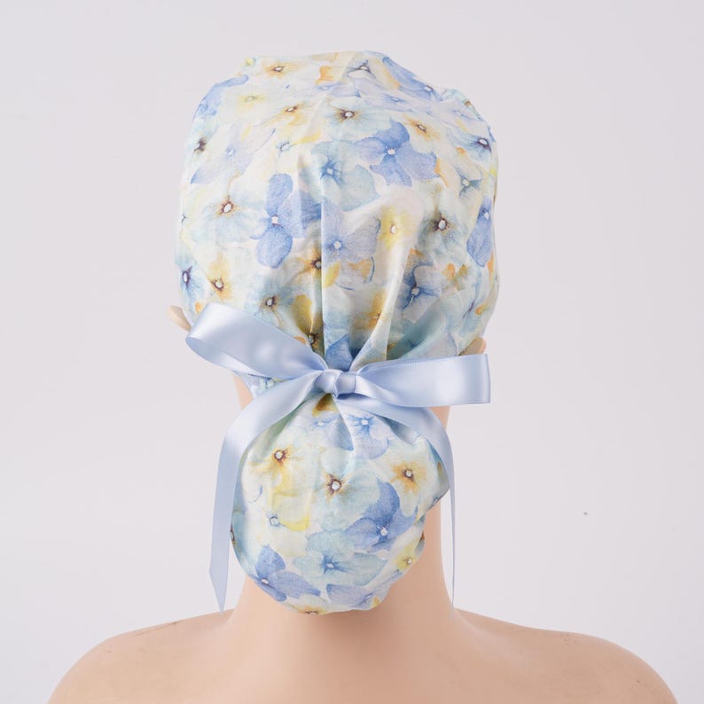 Women Ponytail Scrub Cap Yellow & Blue Pastel Floral Surgical Cap with Sweatband Buttons Dr Nurse Handmade OR Hat