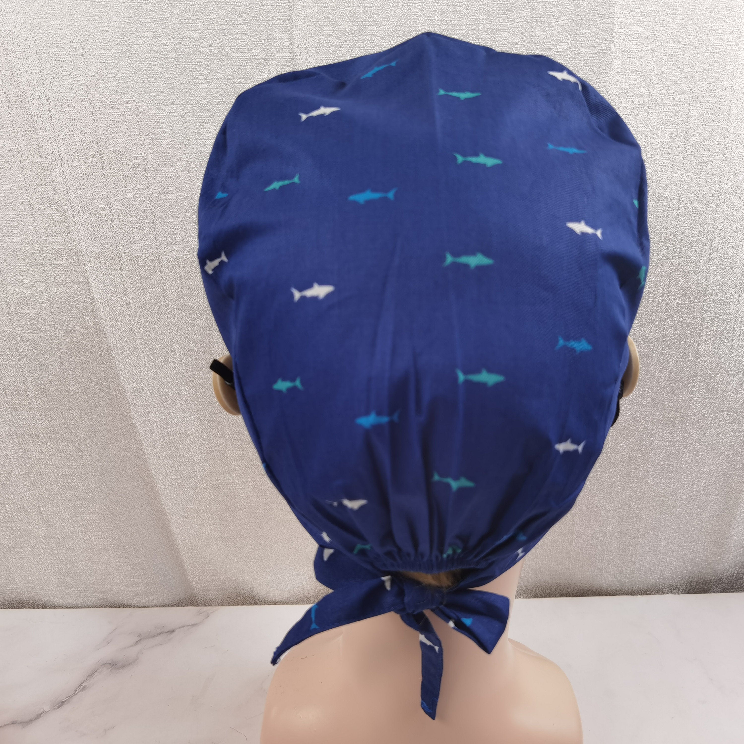 Navy Fish Pattern Scrub Cap - Tie-back Style OR Hat