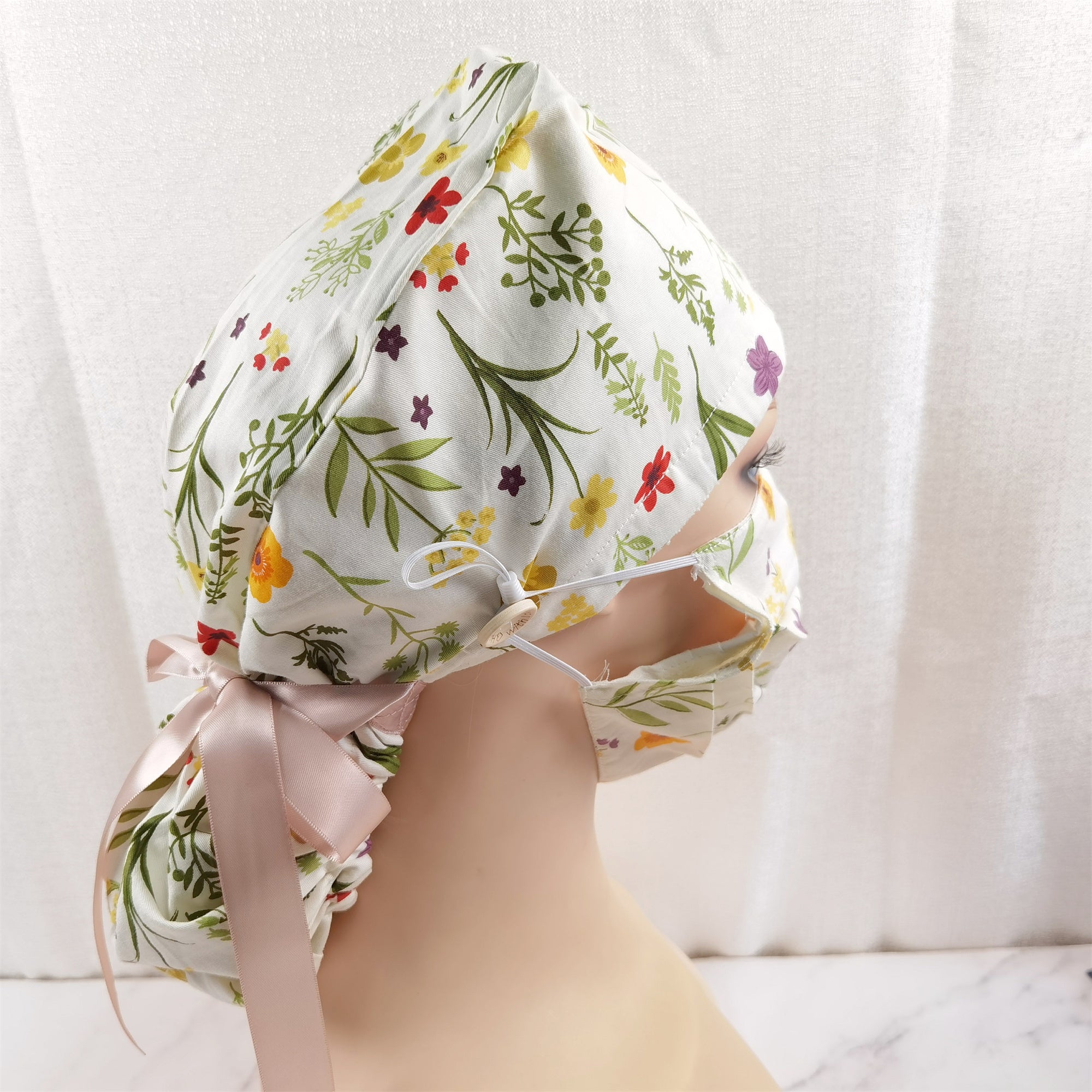 Women's Ponyatil Surgical Scrub Cap,Yellow Wildflowers on White Cotton