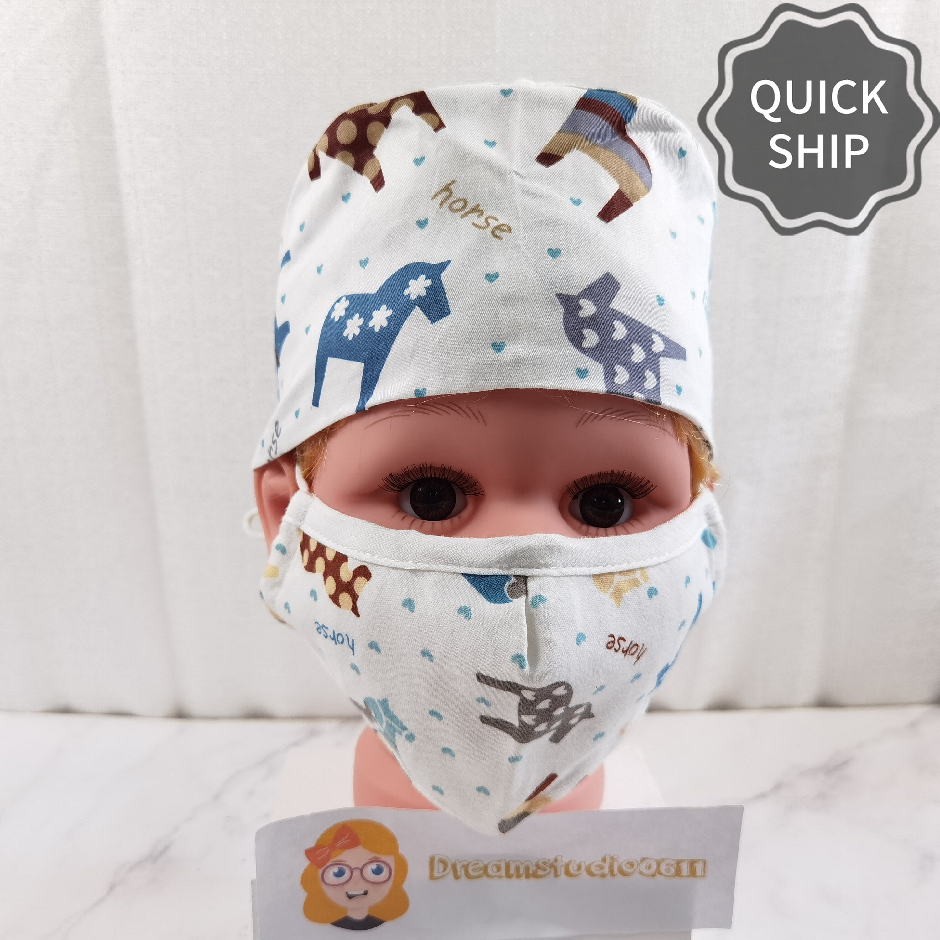 Soft Cotton Scrub Cap For Kids, Heart Horse Patern, Tie-back Style