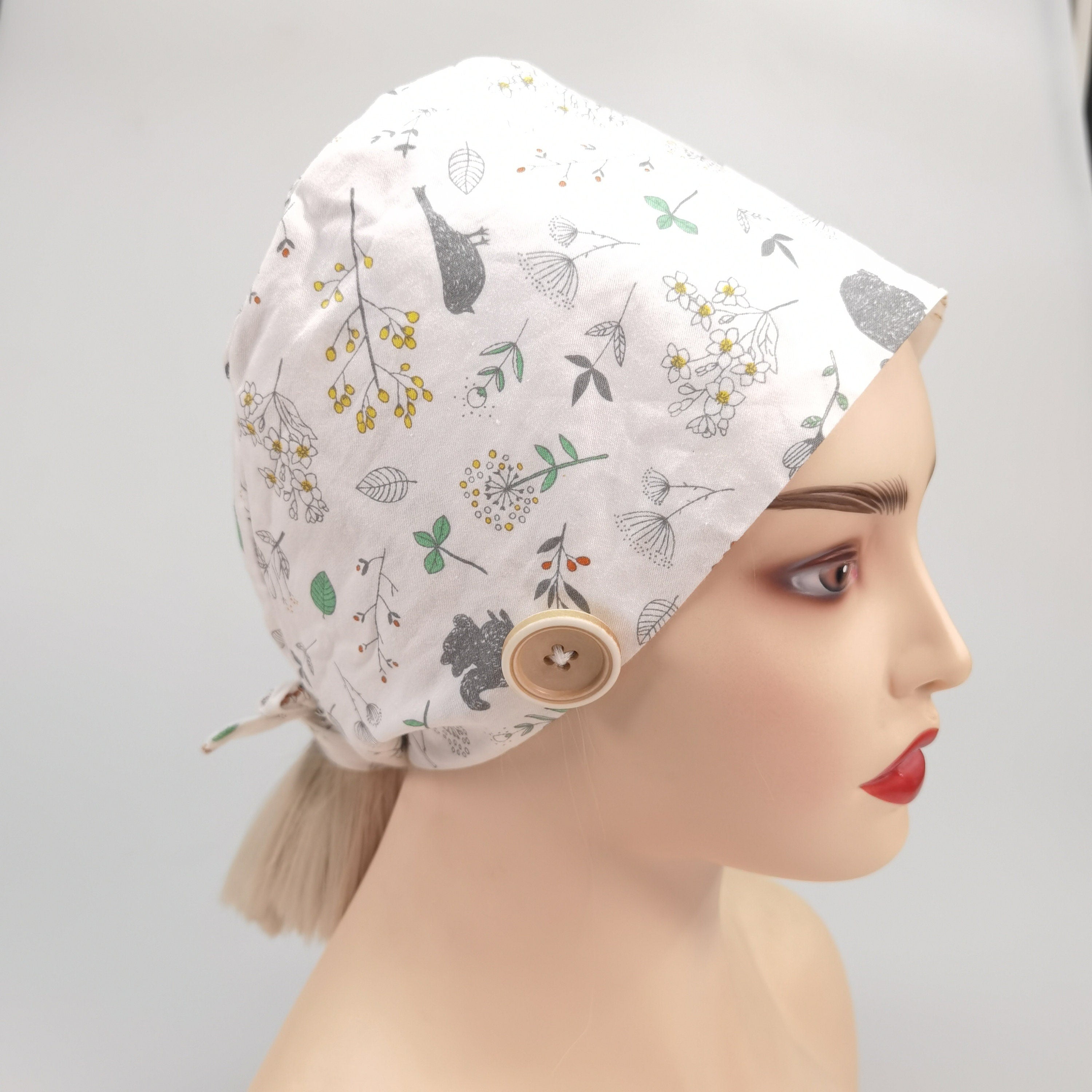 Wildflowers Birds Squirrel Print Scrub Cap, White Cotton Tie-back Style Nurse Cap