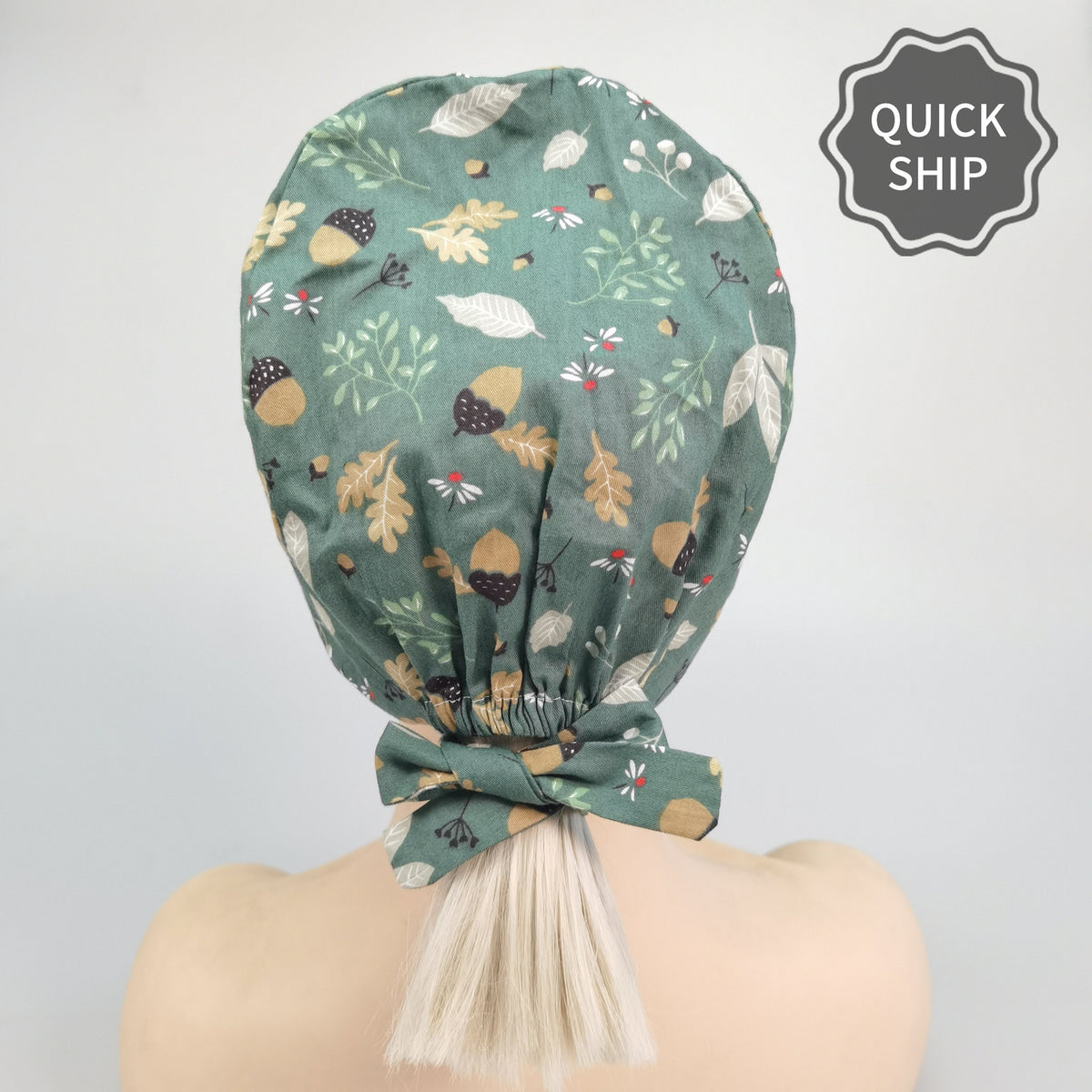 Green Forest Cotton Scrub Cap, Winter Tie-back Style Surgical Hat