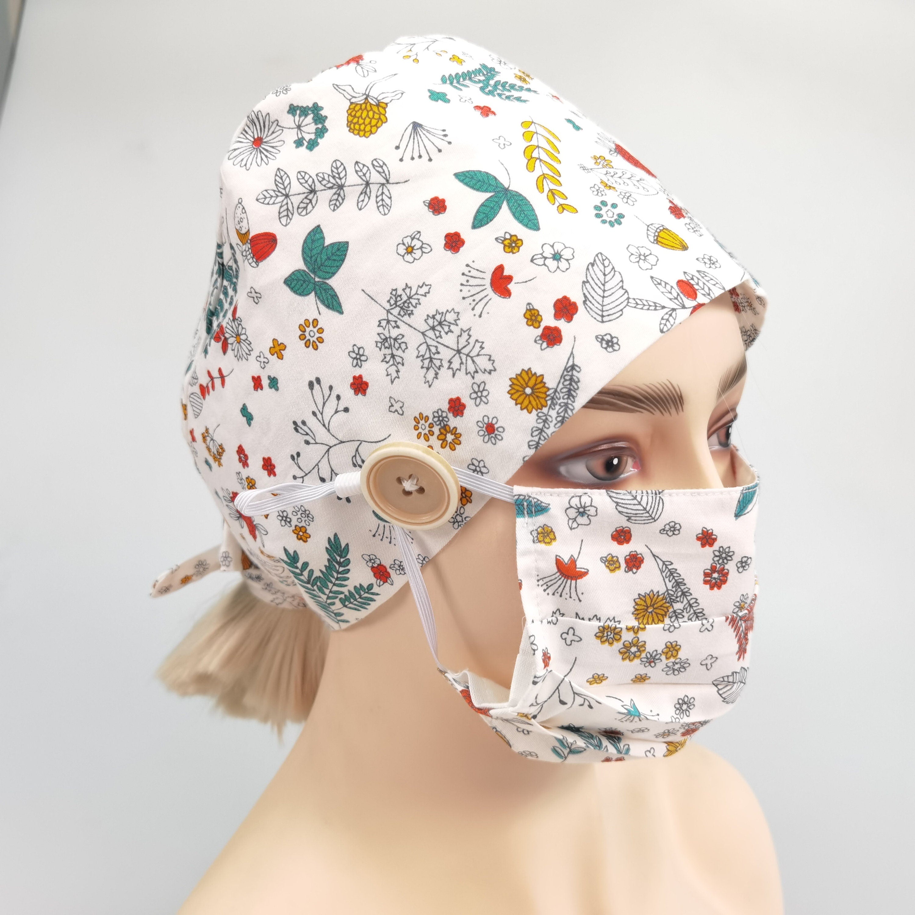 Red Floral Cotton Scrub Cap -Tie Back Style