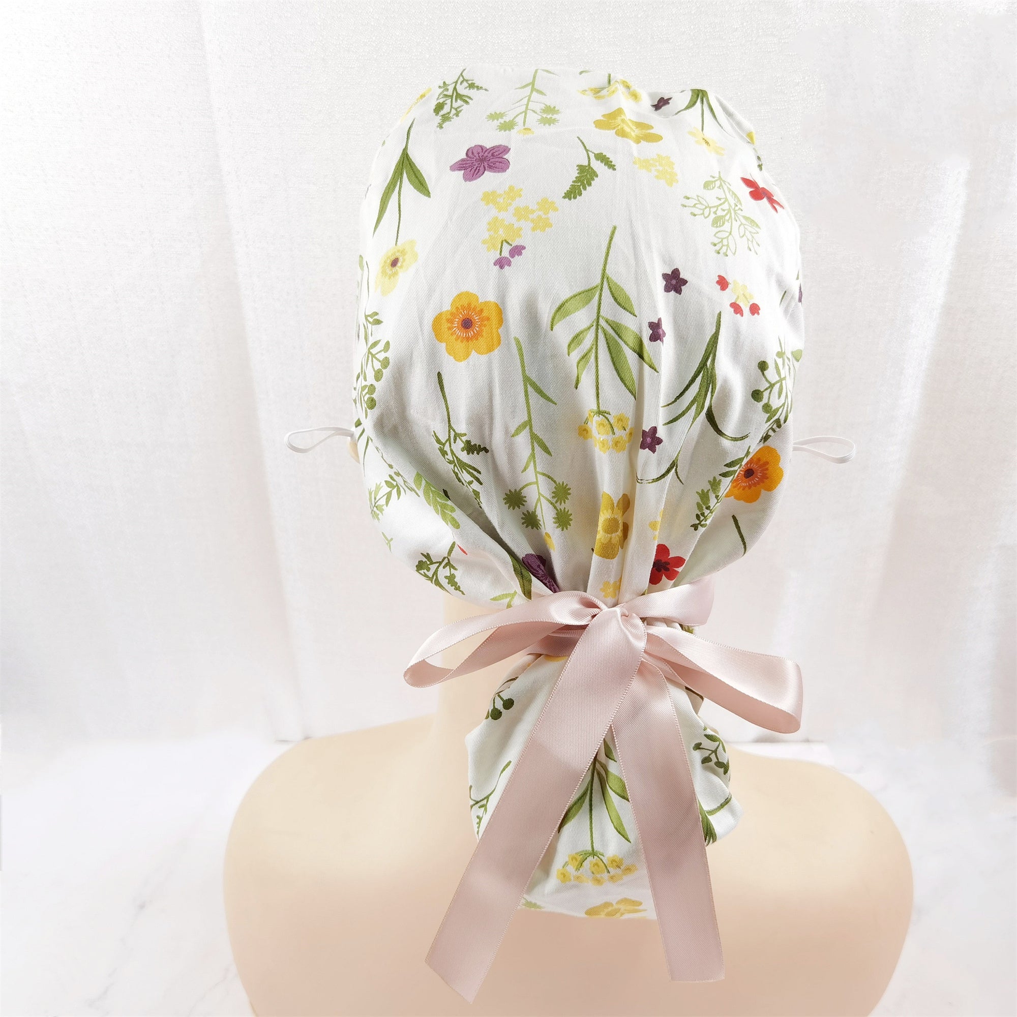 Women's Ponyatil Surgical Scrub Cap,Yellow Wildflowers on White Cotton