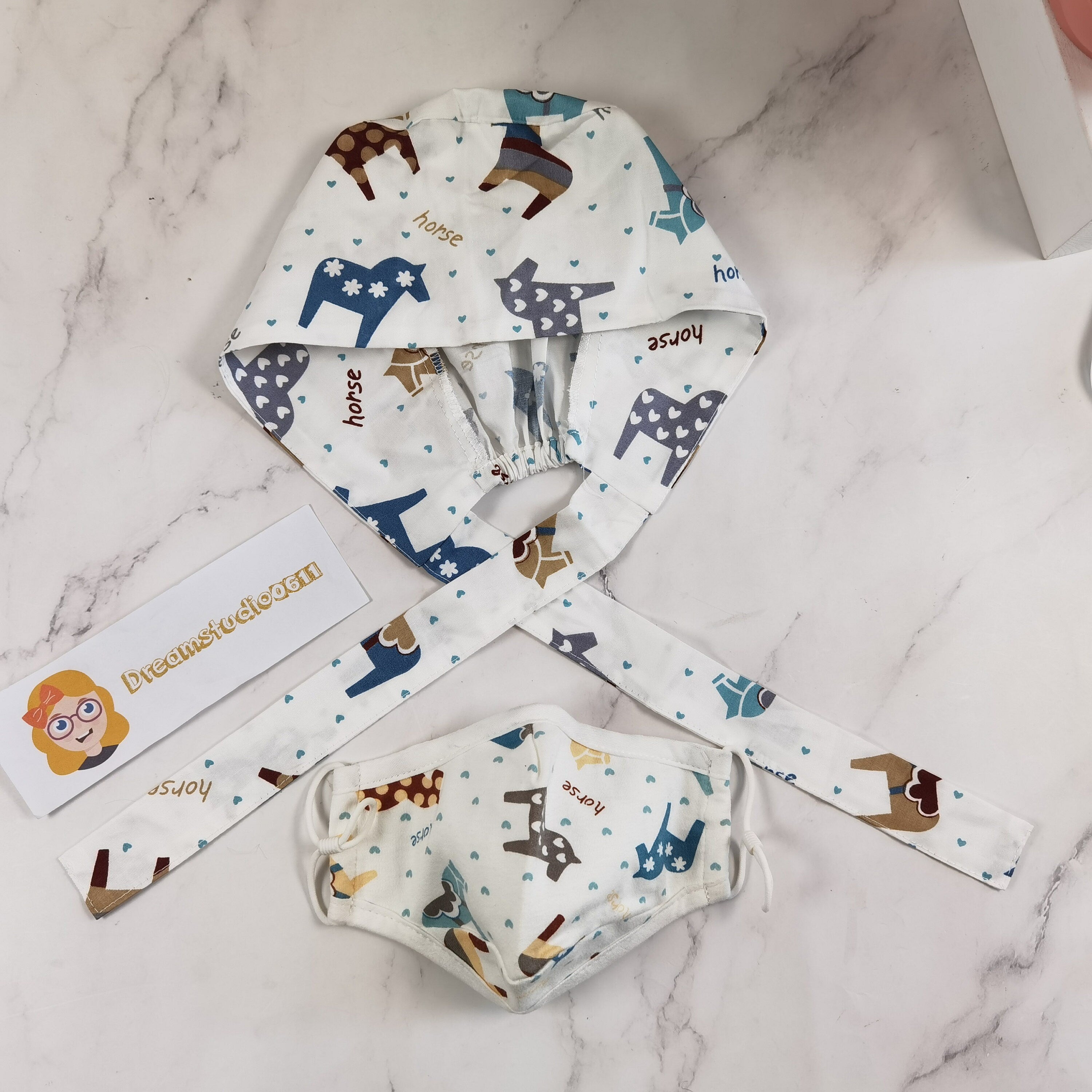 Soft Cotton Scrub Cap For Kids, Heart Horse Patern, Tie-back Style