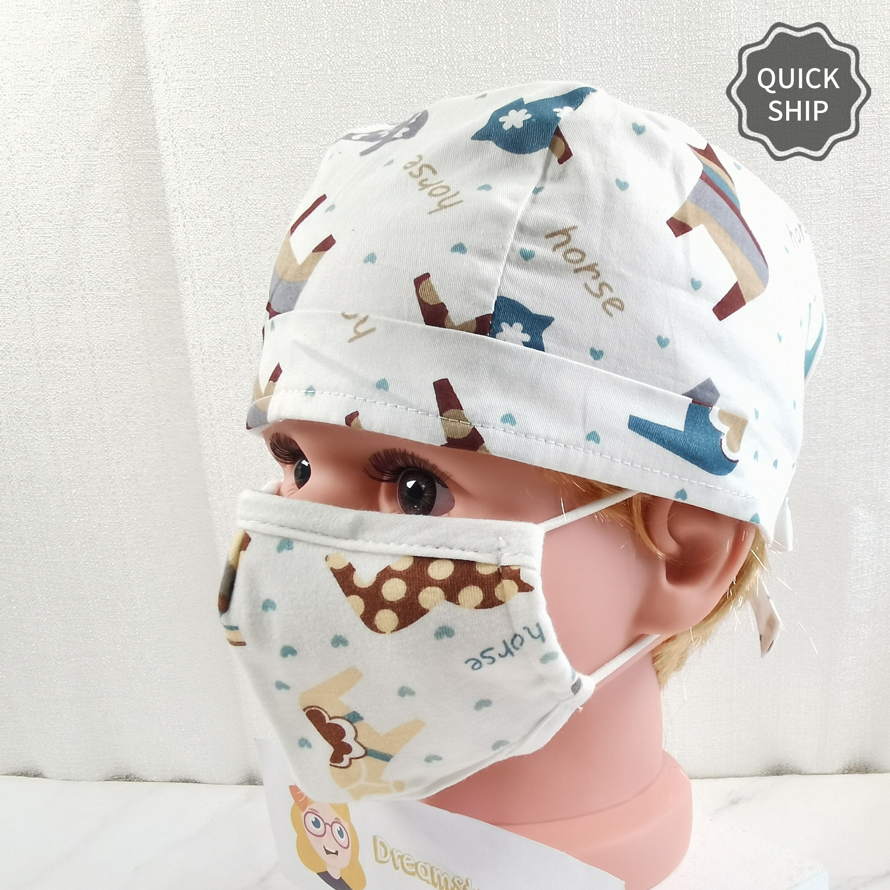 Soft Cotton Scrub Cap For Kids, Heart Horse Patern, Tie-back Style