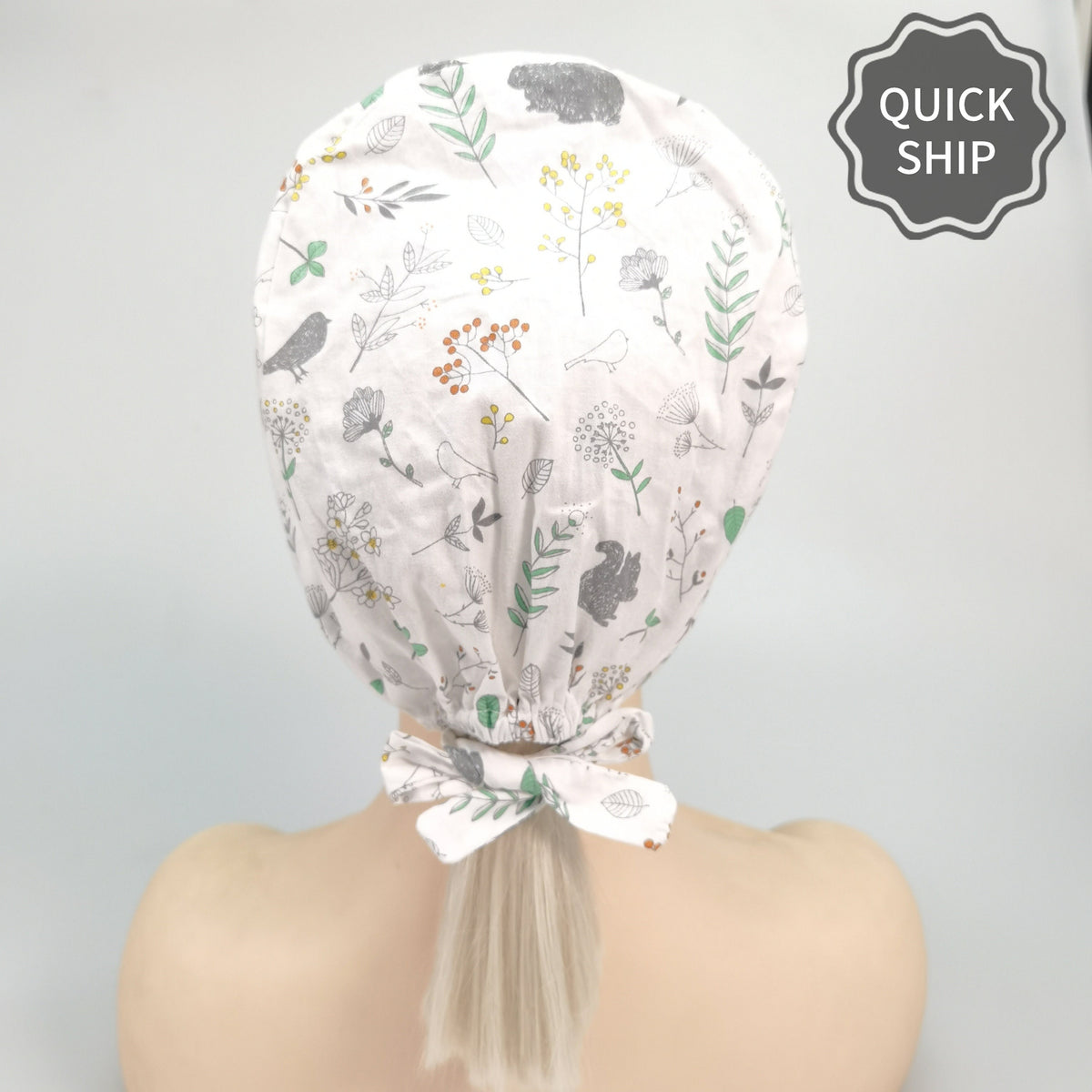 Wildflowers Birds Squirrel Print Scrub Cap, White Cotton Tie-back Style Nurse Cap
