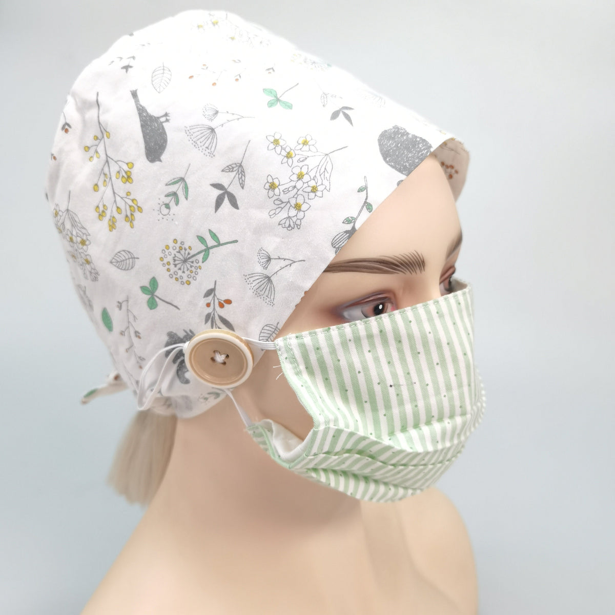 Wildflowers Birds Squirrel Print Scrub Cap, White Cotton Tie-back Style Nurse Cap