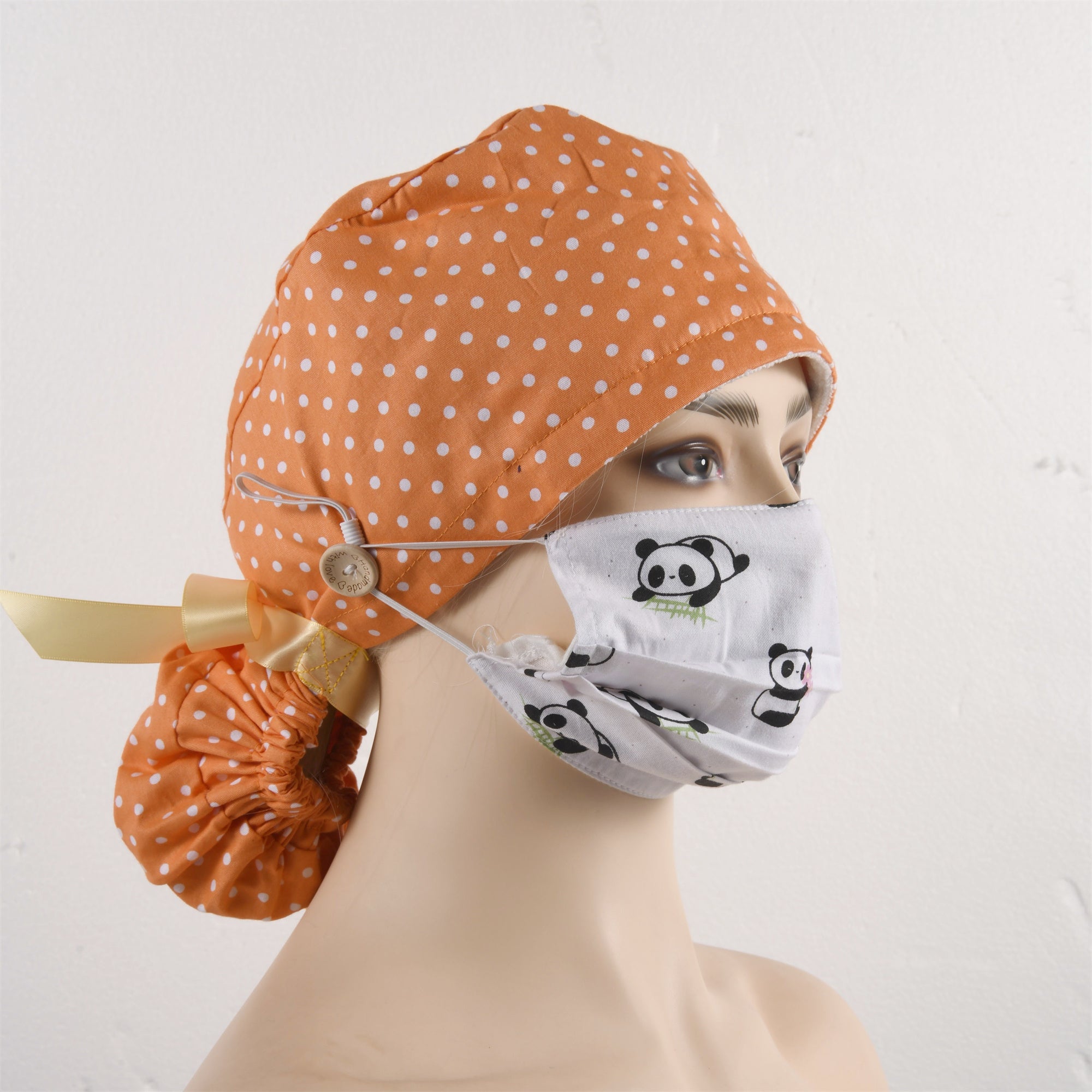 Women's Ponytail Surgical Srub Cap,White Polta on Orange Cotton