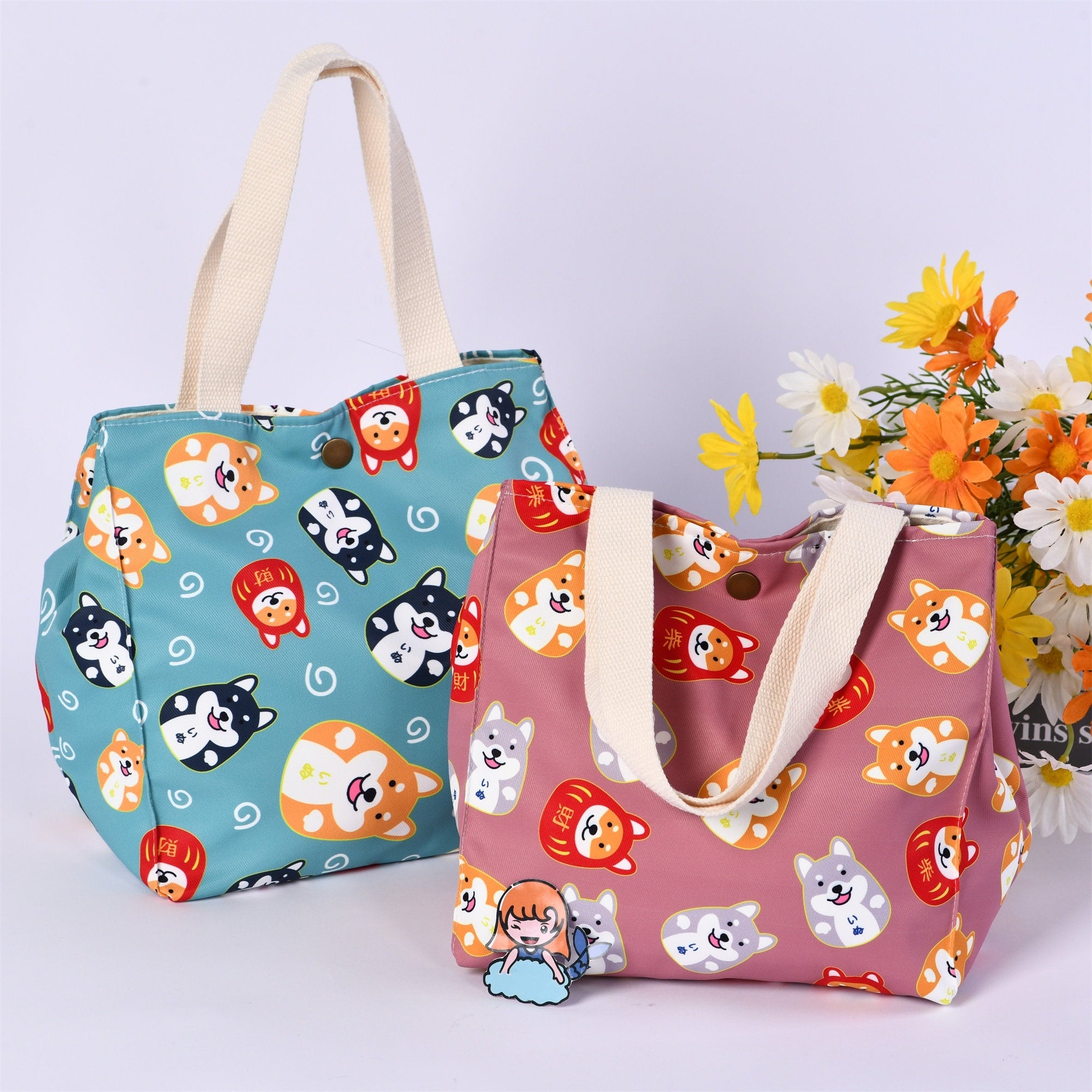 Dogs/Flowers/Strawberry/Heart Canvas Tote, Adult/School Lunch Tote, Bento Box For Kids, Back to School Essentials