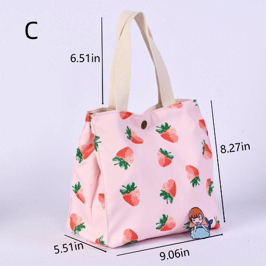Dogs/Flowers/Strawberry/Heart Canvas Tote, Adult/School Lunch Tote, Bento Box For Kids, Back to School Essentials