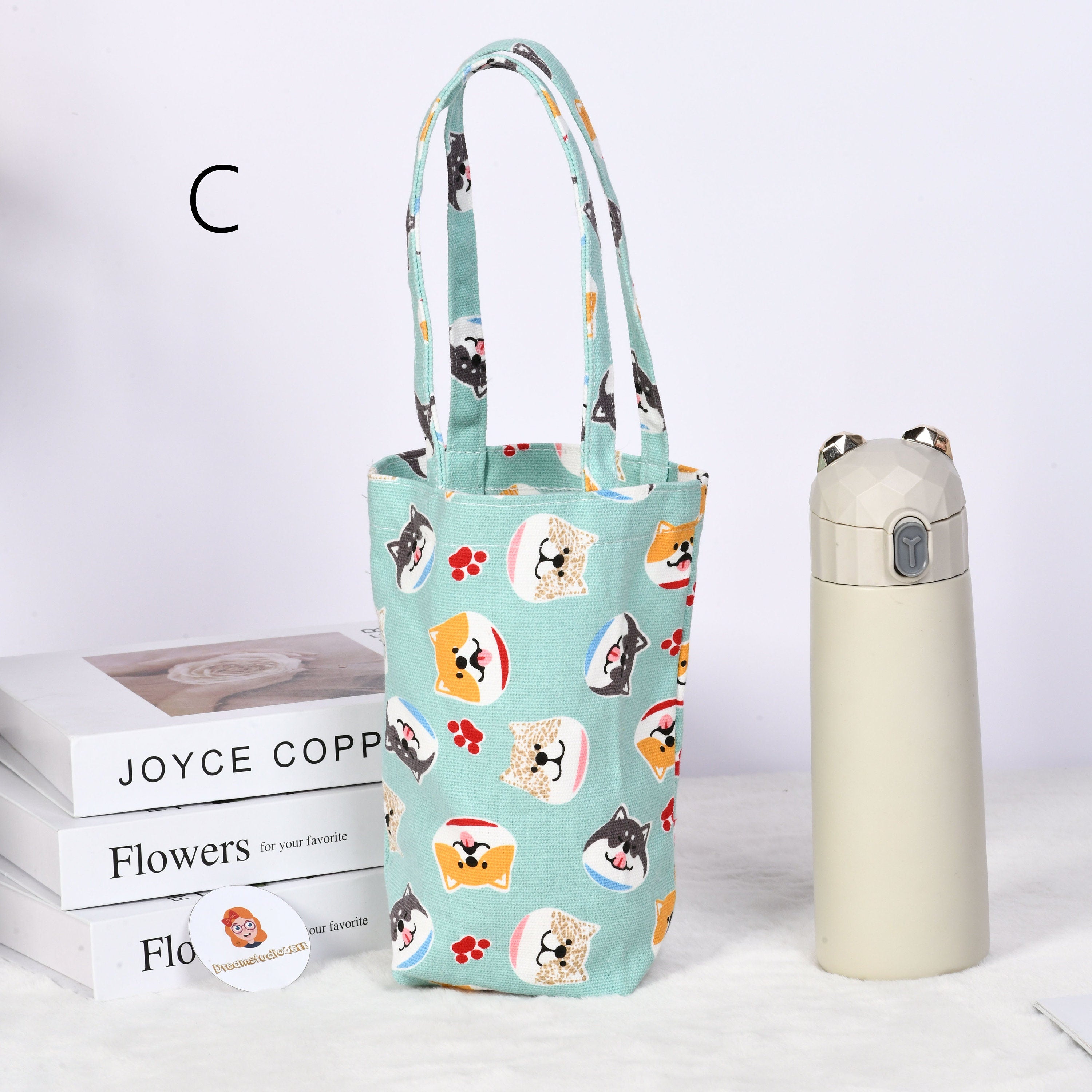 Fabrci Water Bottle Holder,Cute Puppy/Floral/Strawberry Pattern,Perfect Gift