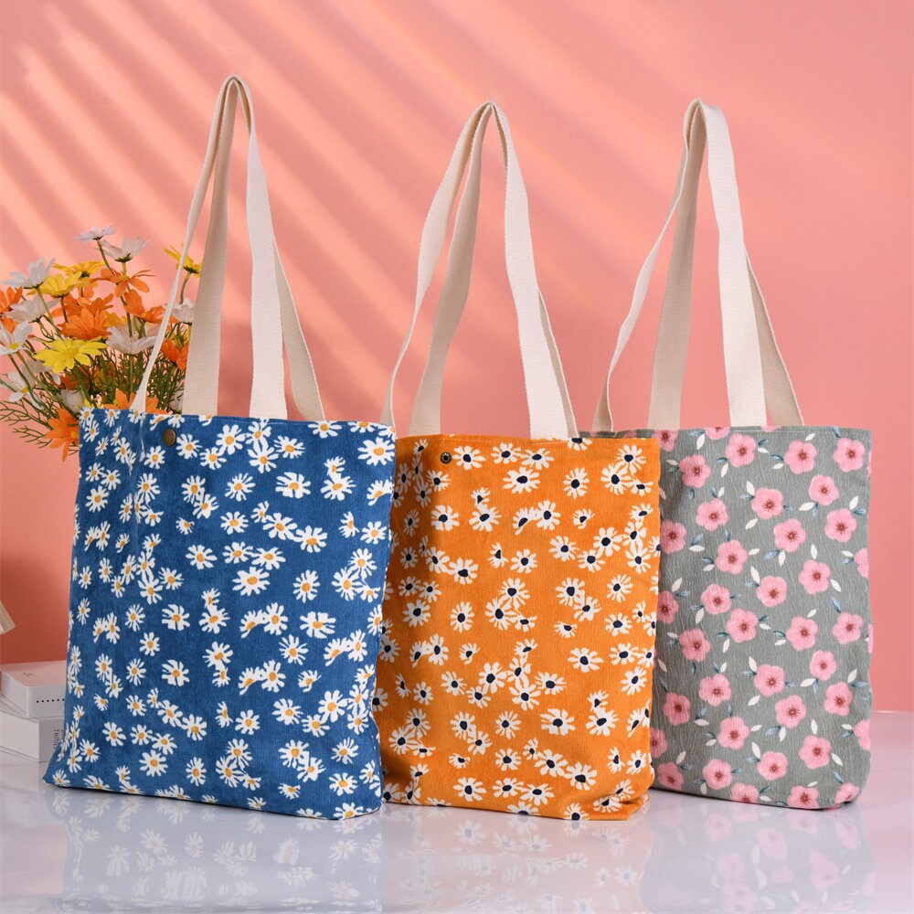 3Pack Large Daisy Corduroy Tote Bag