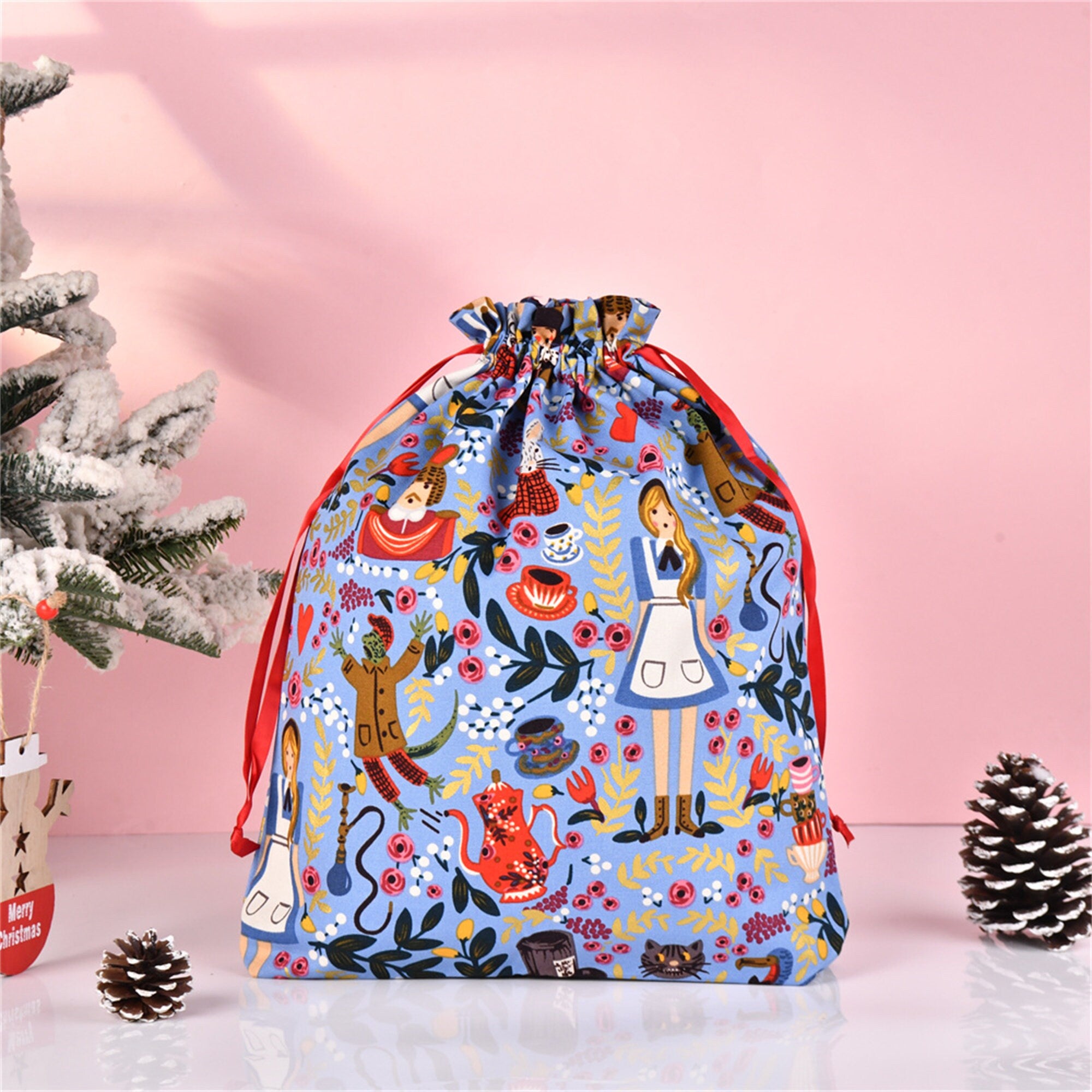 Light Blue Alice Premium Quality Cotton Drawstring Gift Bag