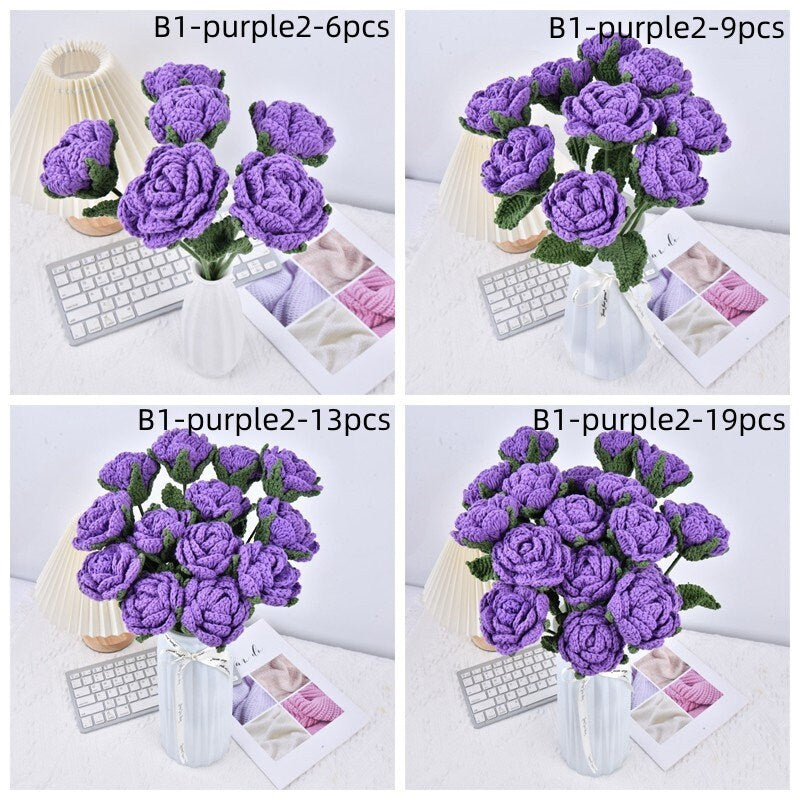 6/9/13/19PCS Handmade Rose Flowers Crochet Bouquet