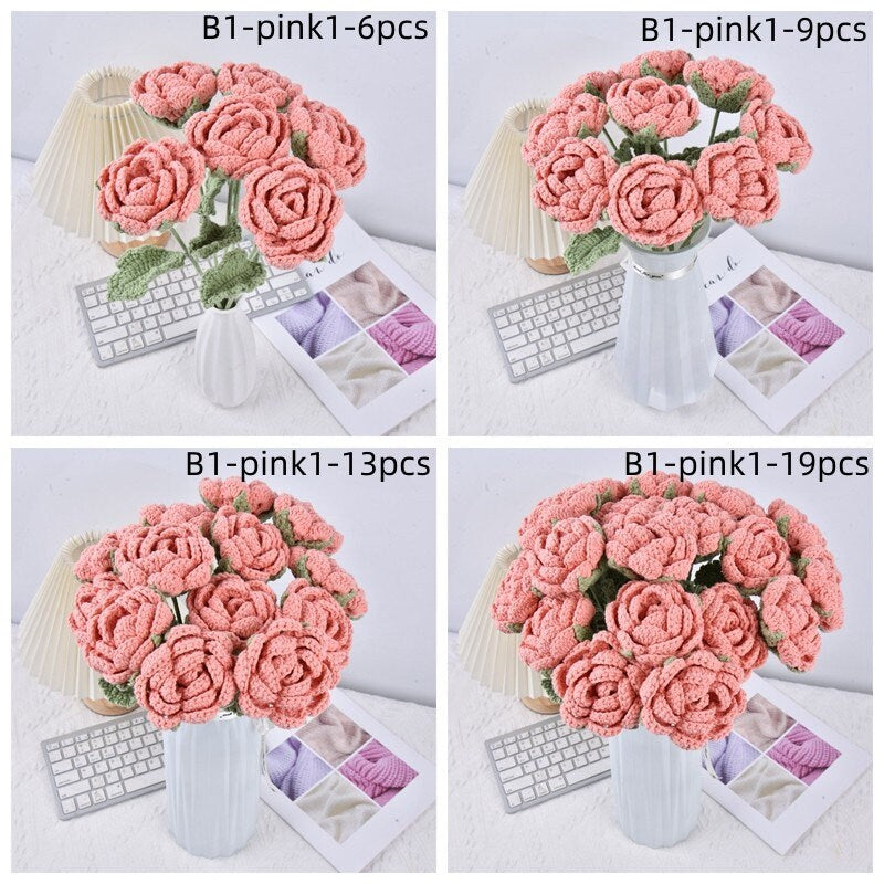 6/9/13/19PCS Handmade Rose Flowers Crochet Bouquet
