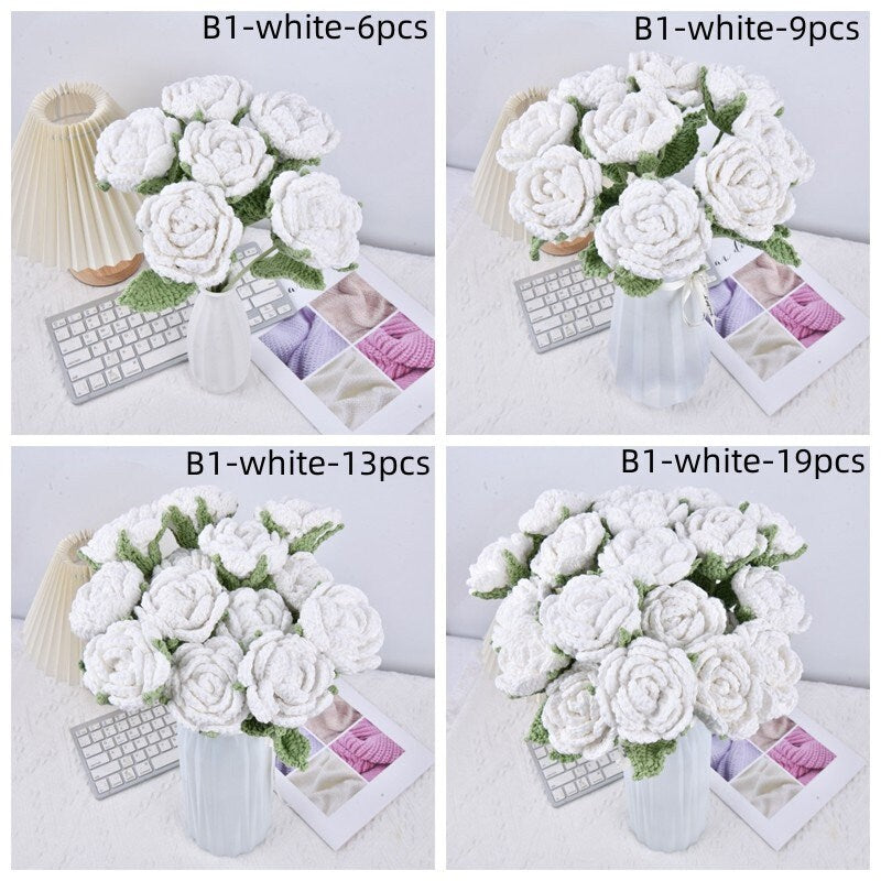 6/9/13/19PCS Handmade Rose Flowers Crochet Bouquet