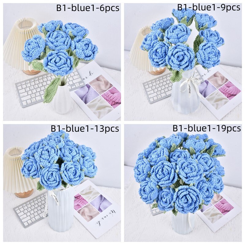 6/9/13/19PCS Handmade Rose Flowers Crochet Bouquet