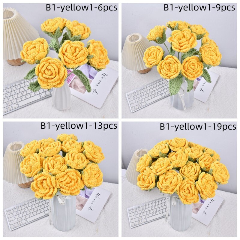 6/9/13/19PCS Handmade Rose Flowers Crochet Bouquet