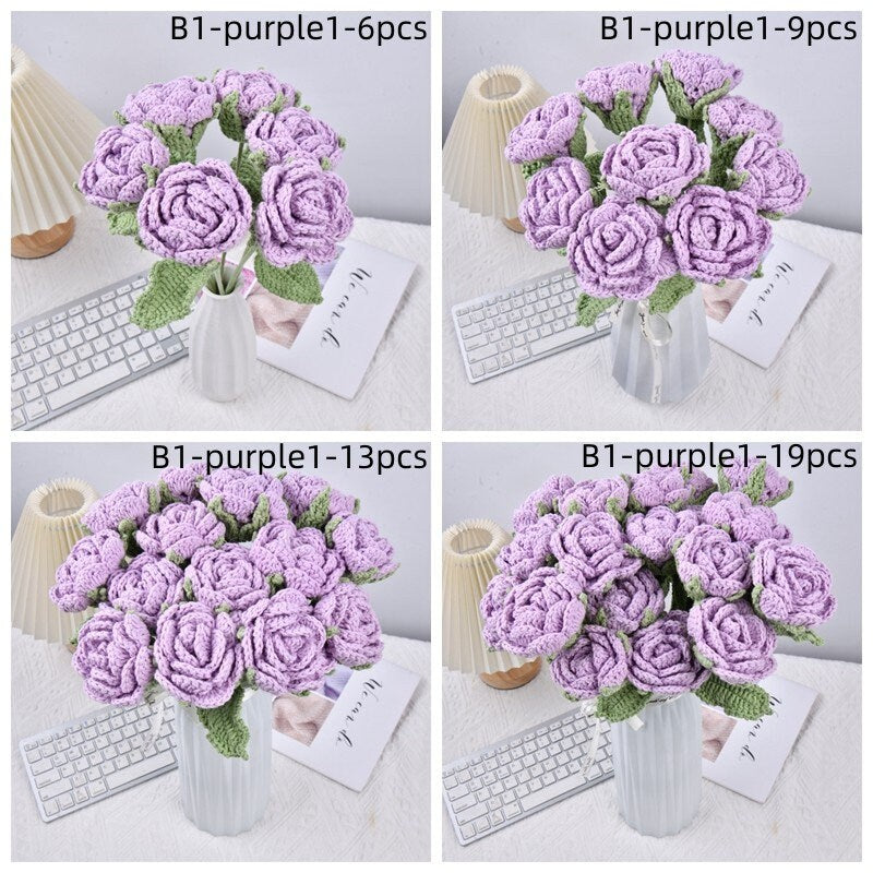 6/9/13/19PCS Handmade Rose Flowers Crochet Bouquet