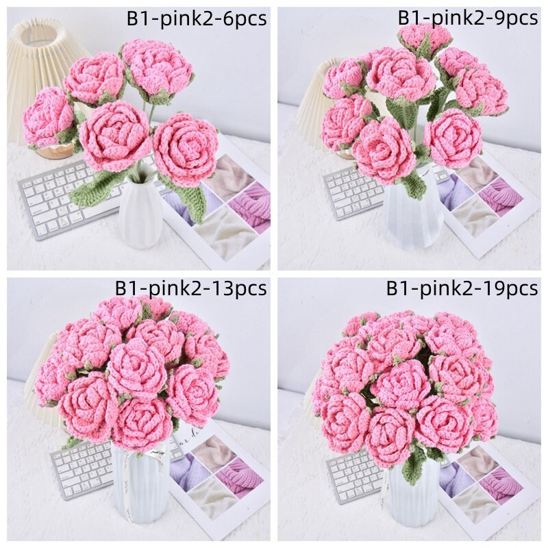 6/9/13/19PCS Handmade Rose Flowers Crochet Bouquet