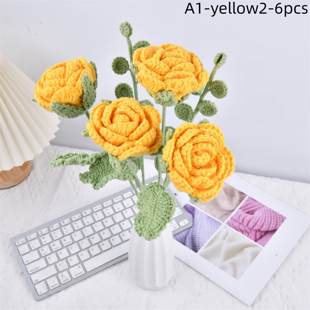 6PCS Handmade Colorful Rose Flowers Crochet Bouquet