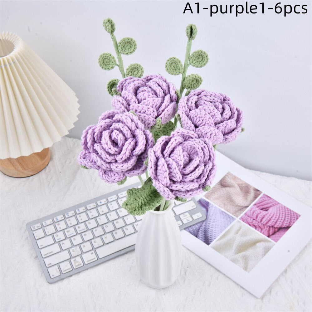 6PCS Handmade Colorful Rose Flowers Crochet Bouquet