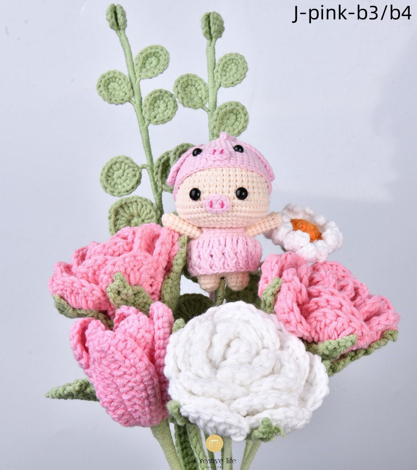 8PCS Handmade Pig/Winnie Bear/Stitch/Yoda/Panda Doll Rose&Tulip Crochet Bouquet