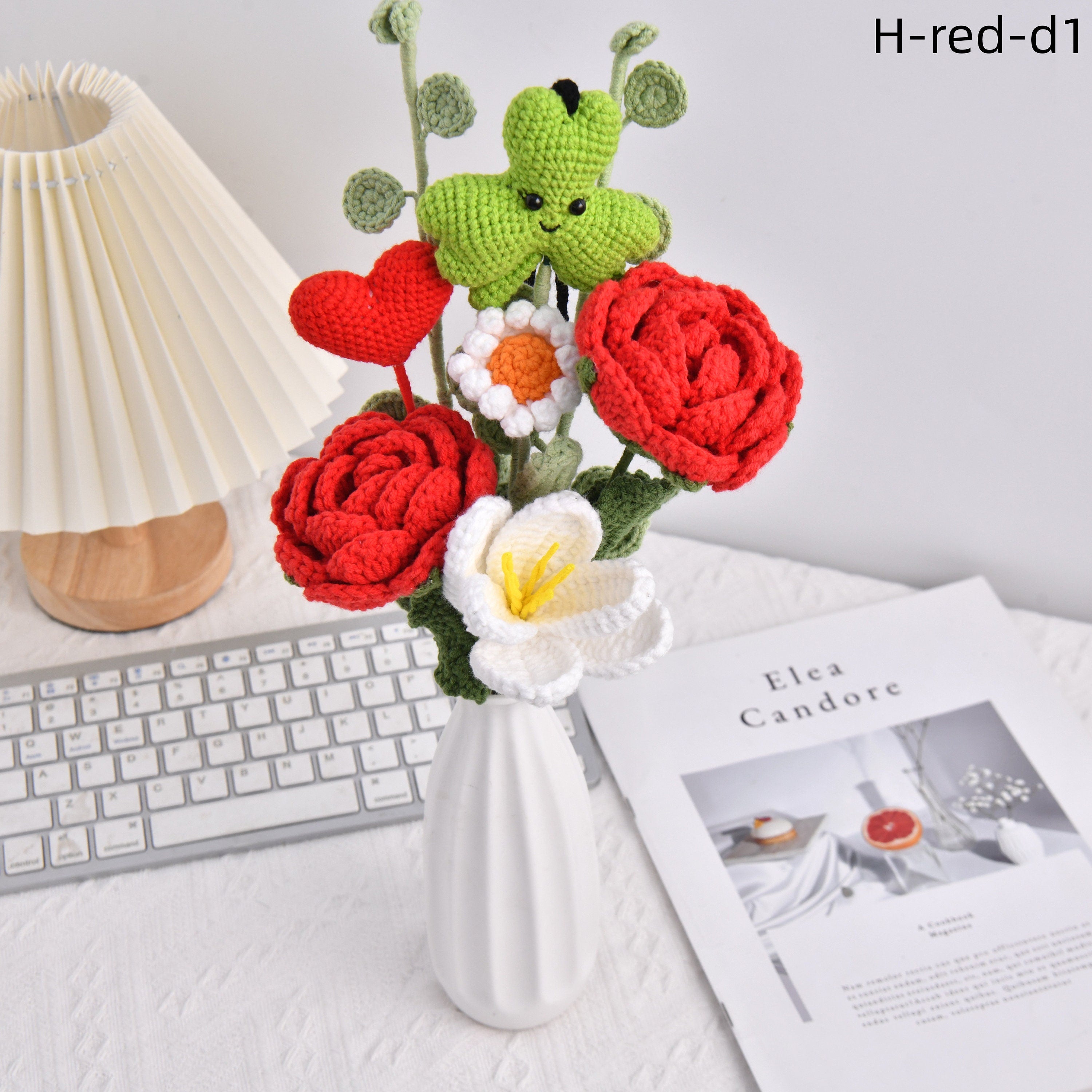 Handmade Three Leaf Clover Rose Tulip Daisy Crochet Bouquet