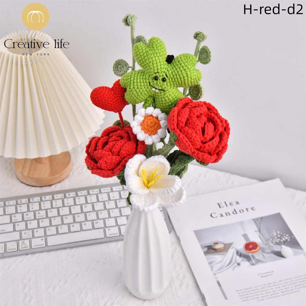 Handmade Four-leaf Clover Rose Tulip Crochet Bouquet