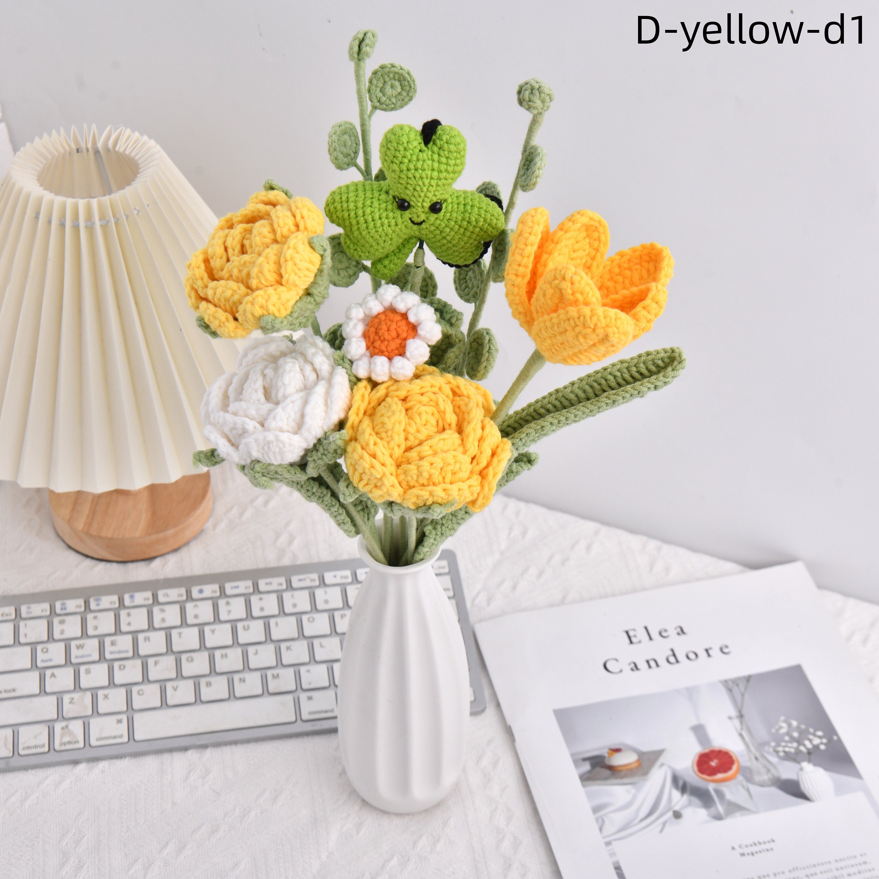 Handmade Three Leaf Clover Rose Tulip Daisy Crochet Bouquet