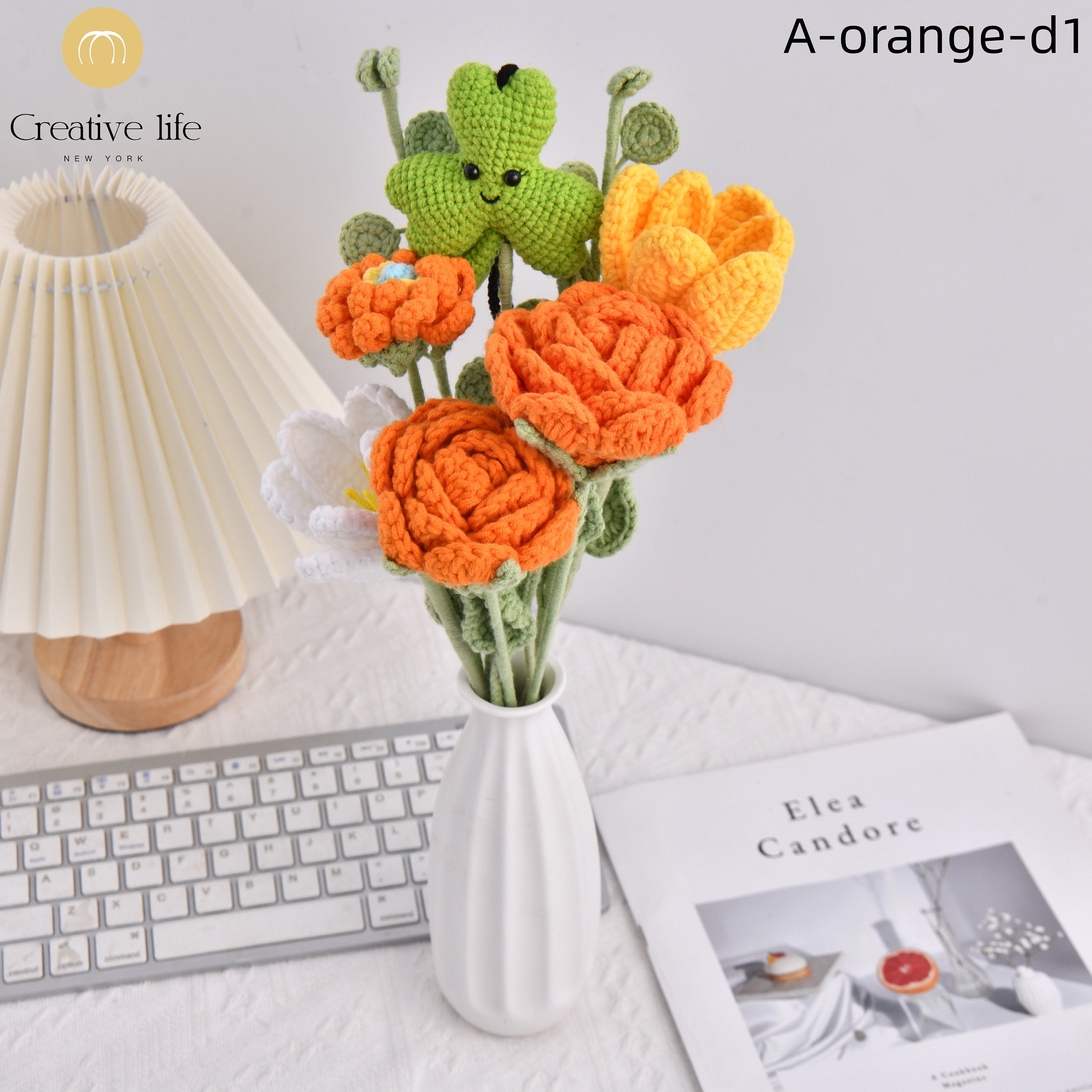 Handmade Three Leaf Clover Rose Tulip Daisy Crochet Bouquet