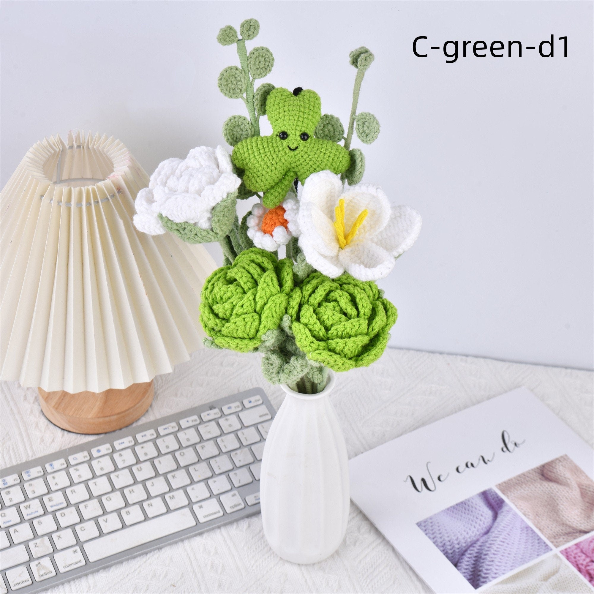 Handmade Three Leaf Clover Rose Tulip Daisy Crochet Bouquet