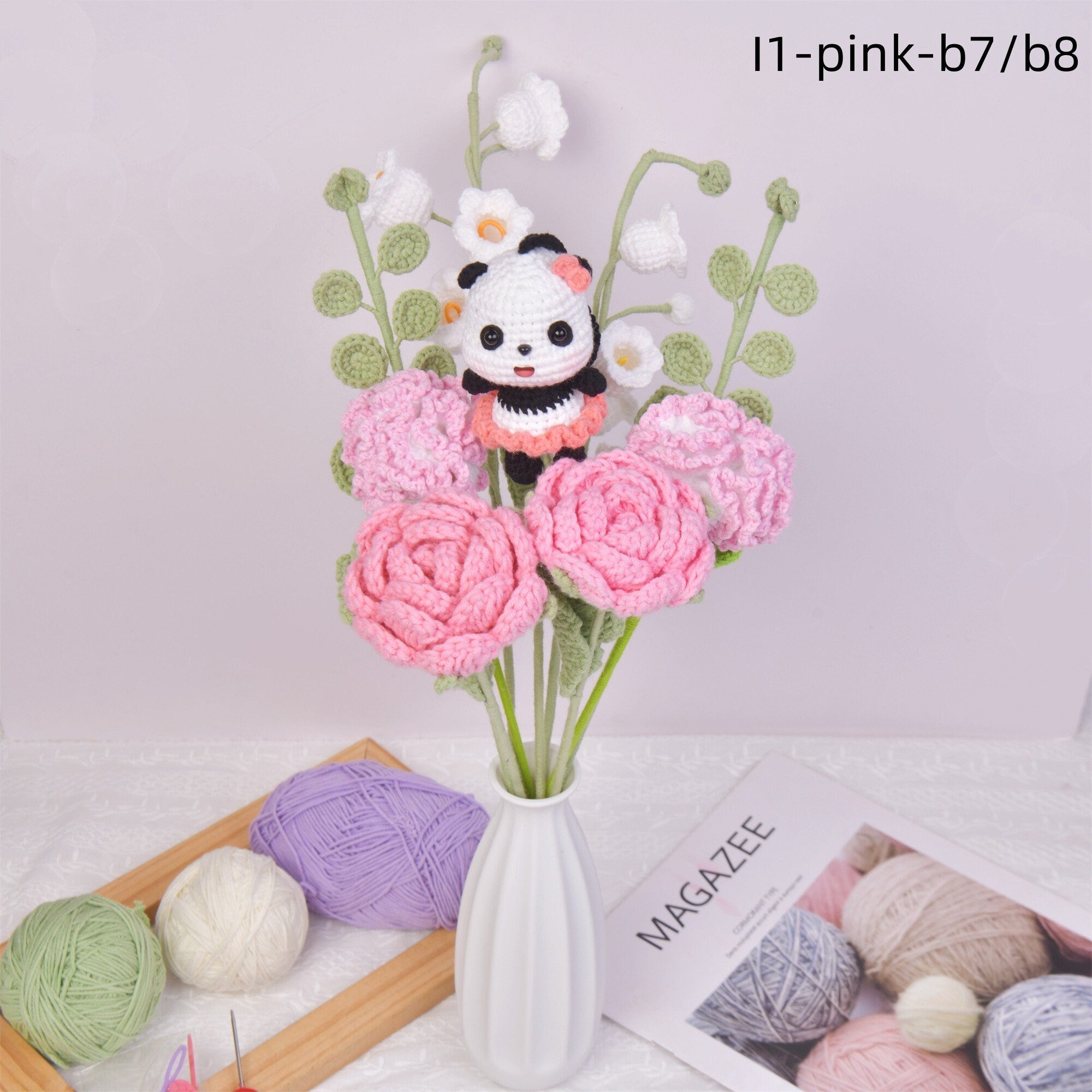 9PCS Handmade Panda Doll Rose&Carnation Hydrangea Flowers Crochet Bouquet