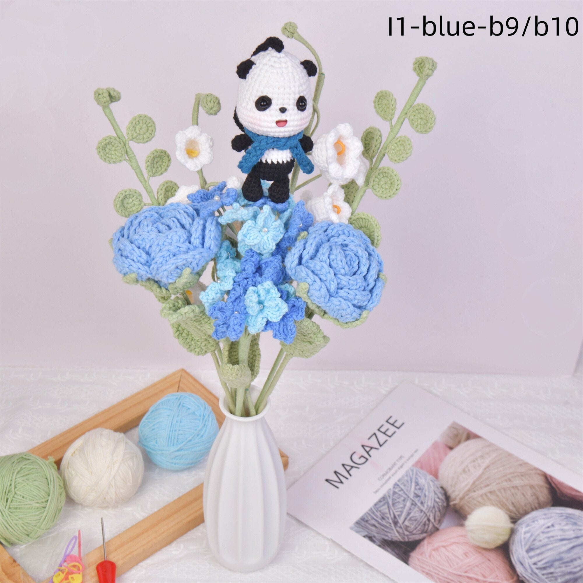 9PCS Handmade Panda Doll Rose&Carnation Hydrangea Flowers Crochet Bouquet