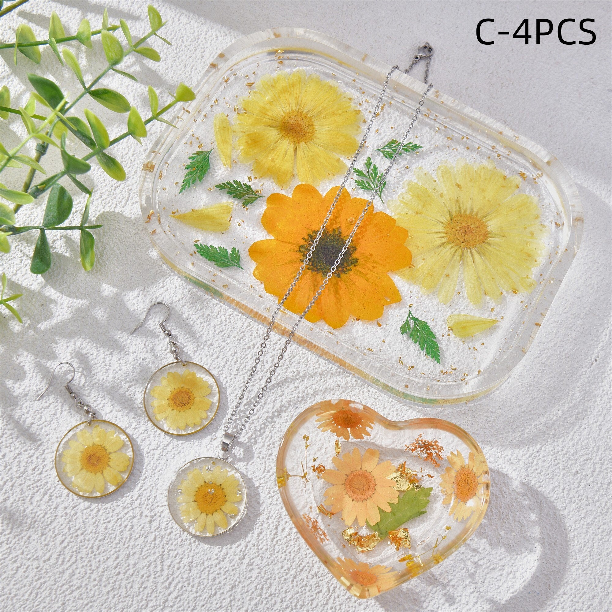 3/4PCS Resin Dried Flowers Necklaces/Earrings/Tray Real Yellow Flower Jewelry Sets