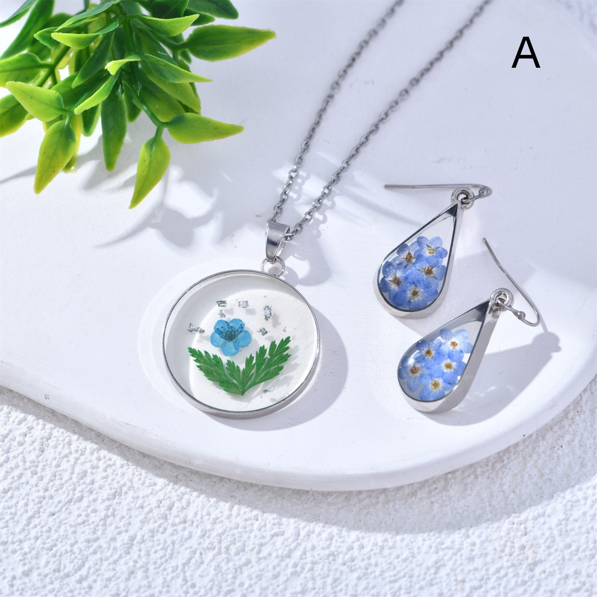 Handmade Resin Real Flower Necklace&Earrings Sets Pendant Jewelry