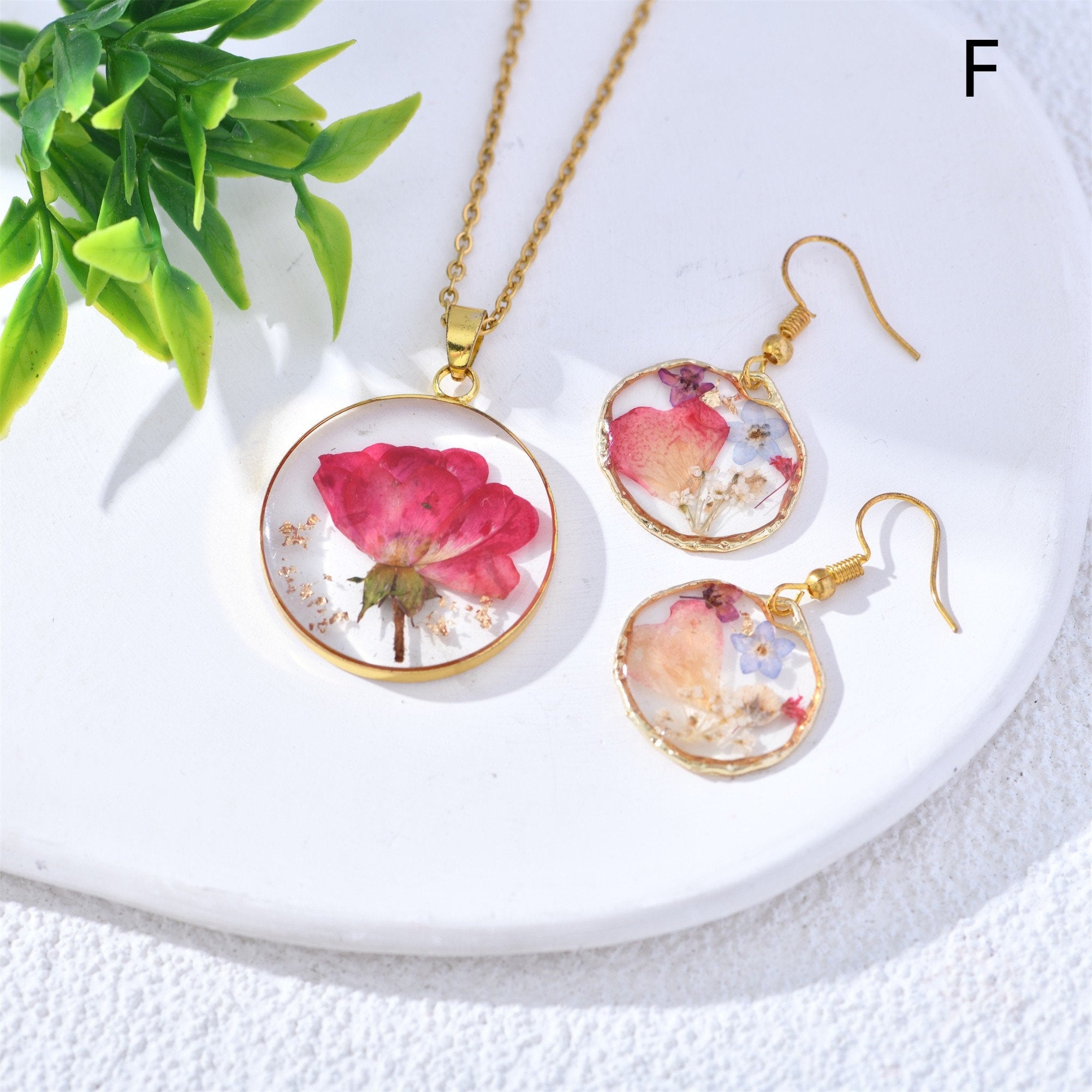 Handmade Resin Real Flower Necklace&Earrings Sets Pendant Jewelry