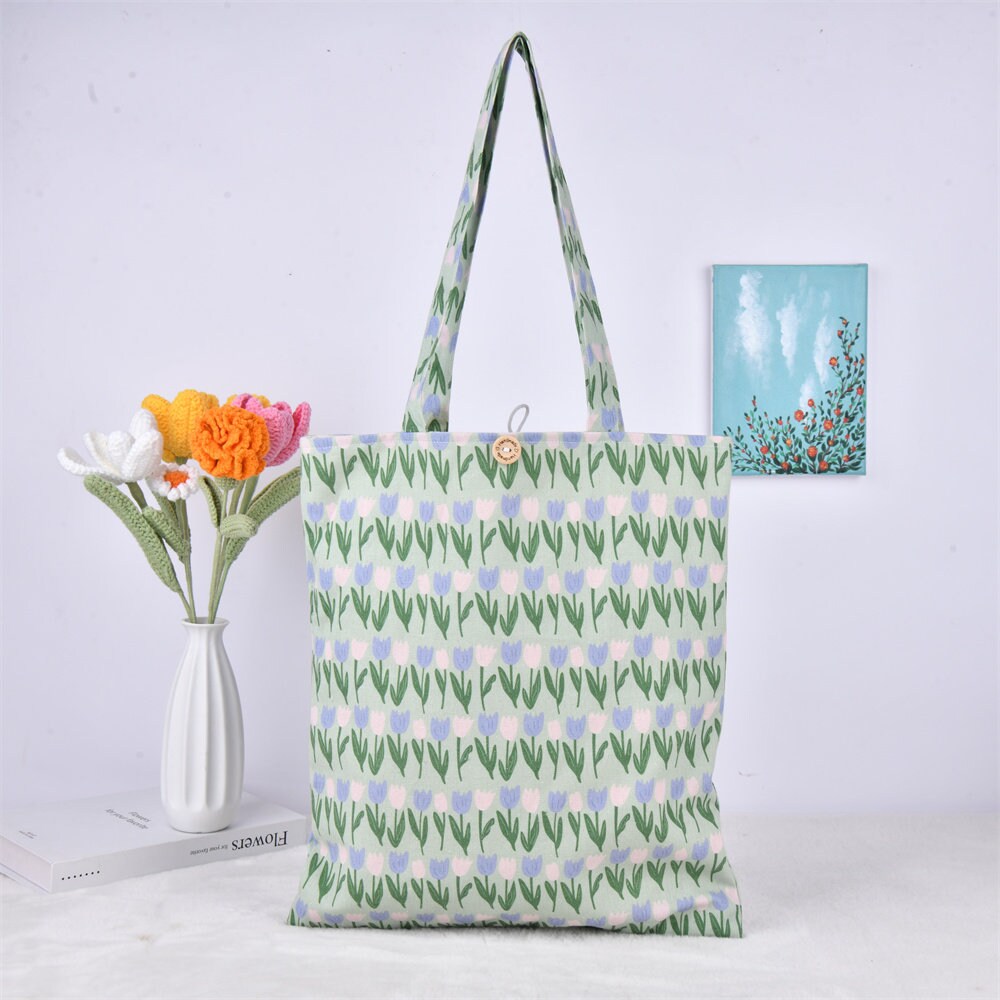 Handmade Elegant Green Tulip Tote Bag