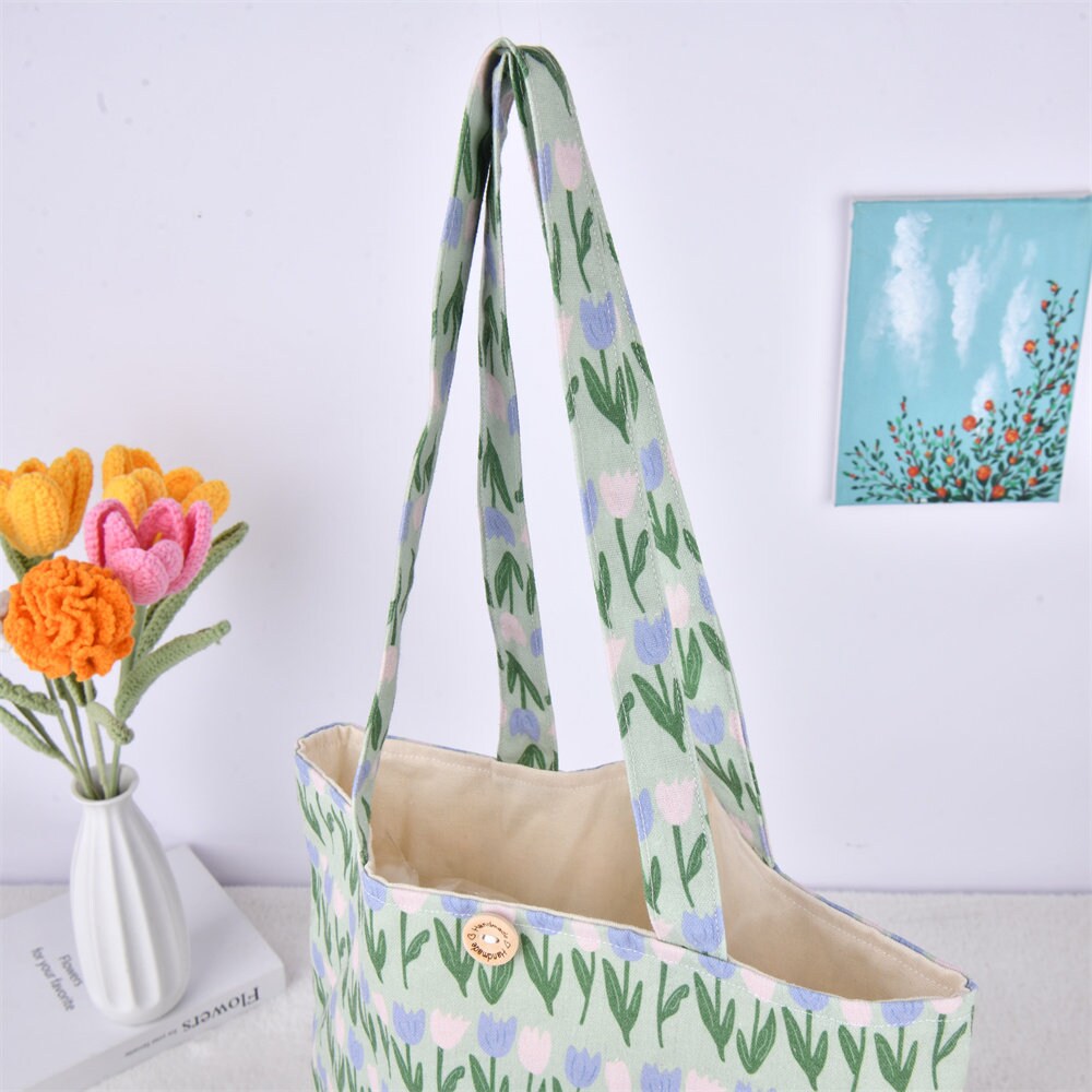 Handmade Elegant Green Tulip Tote Bag