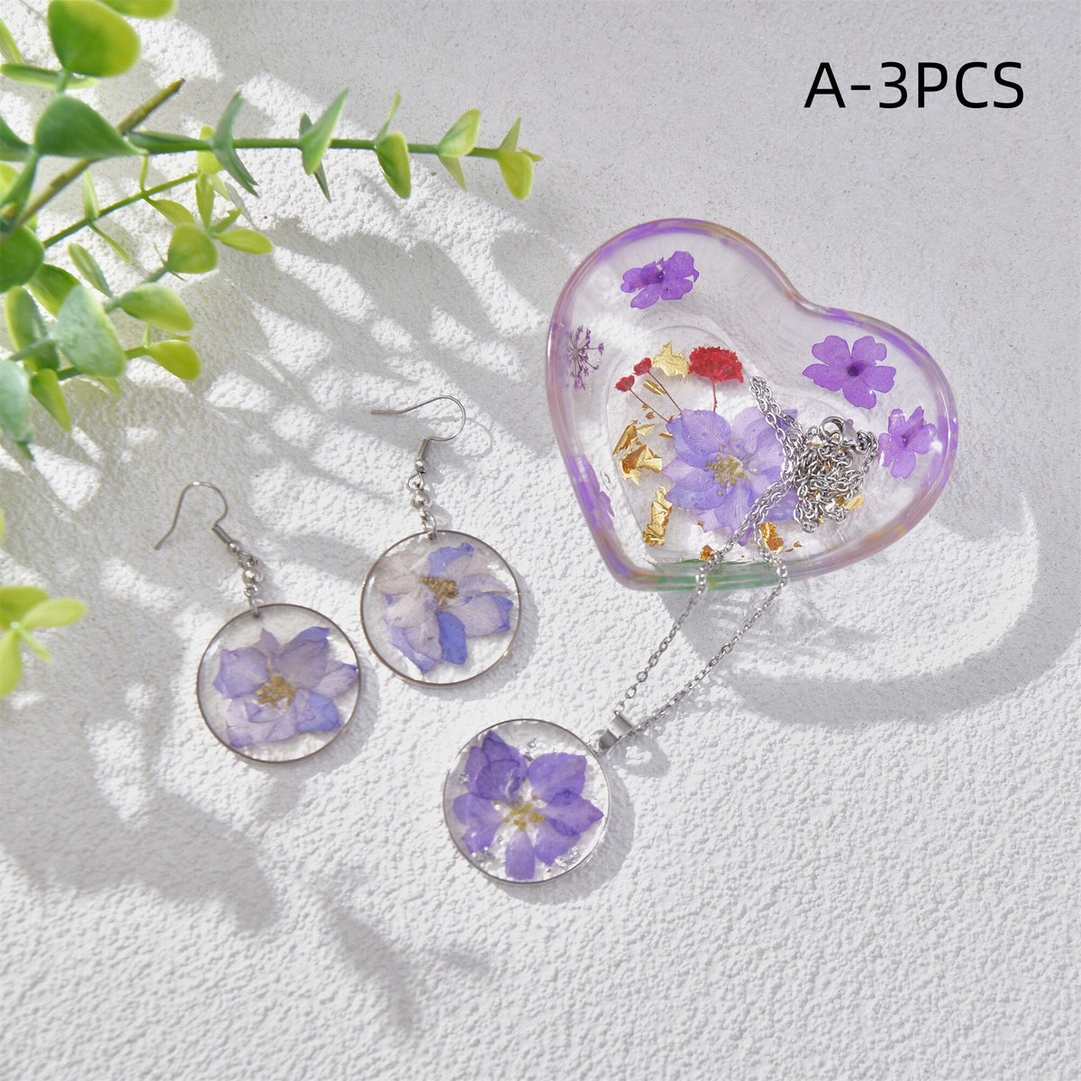 3/5PCS Resin Purple Dried Flowers Necklaces/Earrings/Tray Real Purple Flower Jewelry Sets