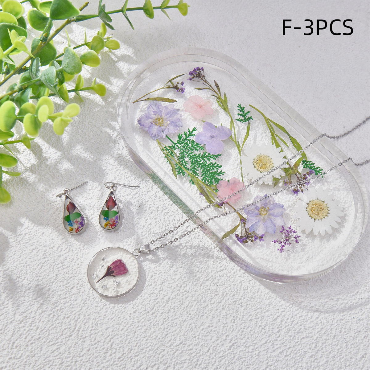 3/5PCS Resin Purple Dried Flowers Necklaces/Earrings/Tray Real Purple Flower Jewelry Sets